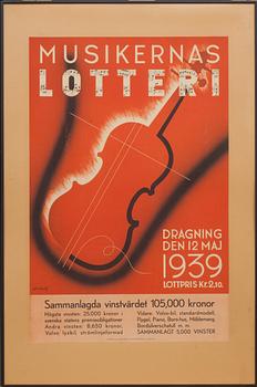 AFFISCH, Nils Wedel, efter. "Musikernas Lotteri" Bär datering 1939.