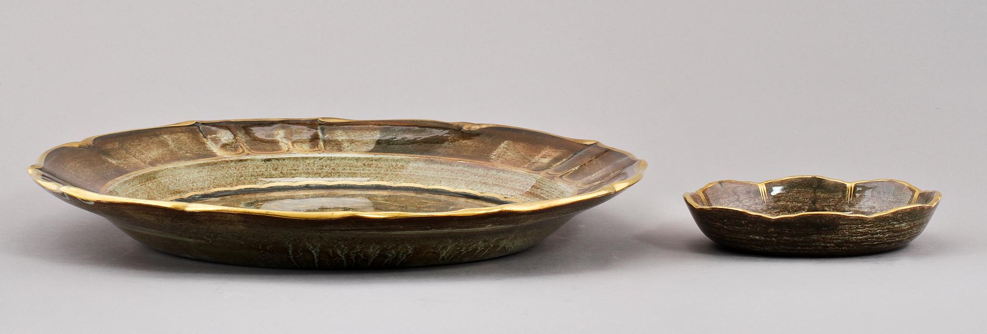 PRAKTSKÅL och FAT, 2 st, flintgods, Josef Ekberg, Gustavsberg, 1900-talets första hälft.