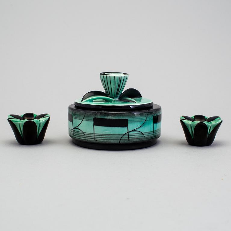 A lidded jar and two candlesticks of the V series, Ilse Claesson, Rörstrand 1930´s.