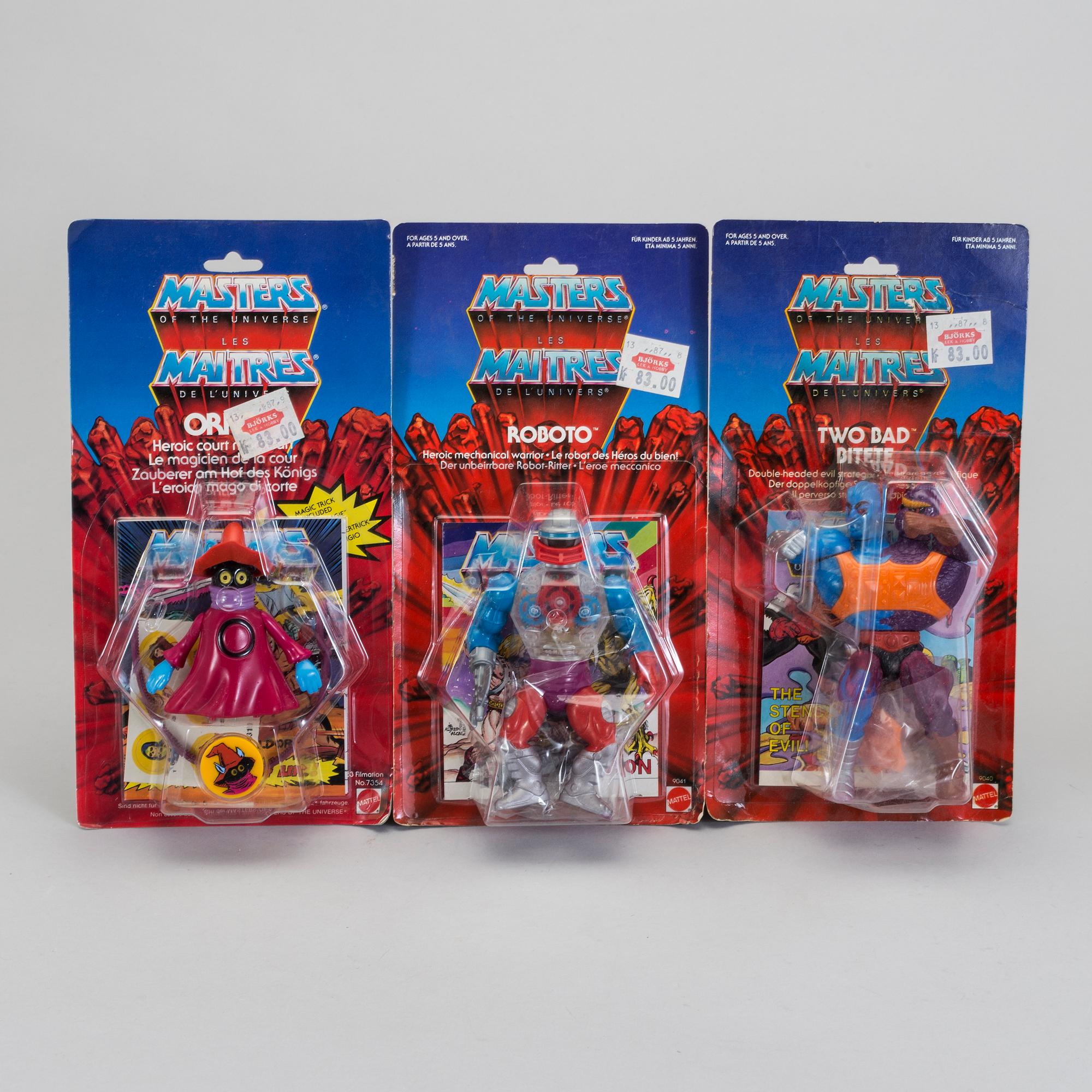 MASTERS OF THE UNIVERSE, Battle cat, Two-Bad,  Orko samt Roboto i förpackningar, Mattel, 1983-84.