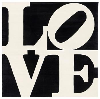 105. Robert Indiana, a carpet "White on Black", Chosen Love, hand-tufted in 1995, approximately 300 x 300 cm. Numbered 104/125.