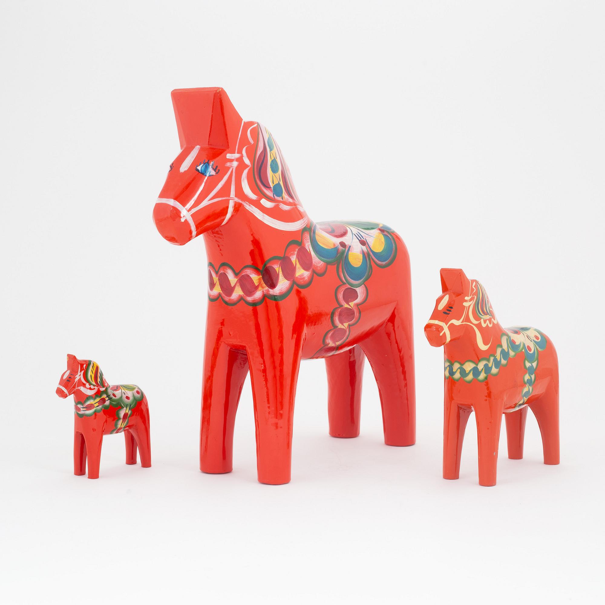 Three Swedish Dala Horses, second half of the 20th century.