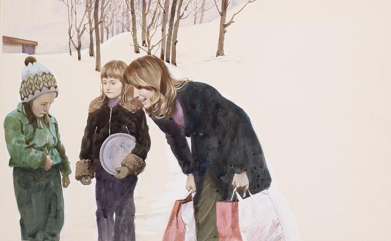 Yrjö Edelmann, Winter scene with mother and child.