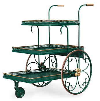 806. A 1940's-50's, green lacquered metal and brass serving trolley, 1940's-50's.