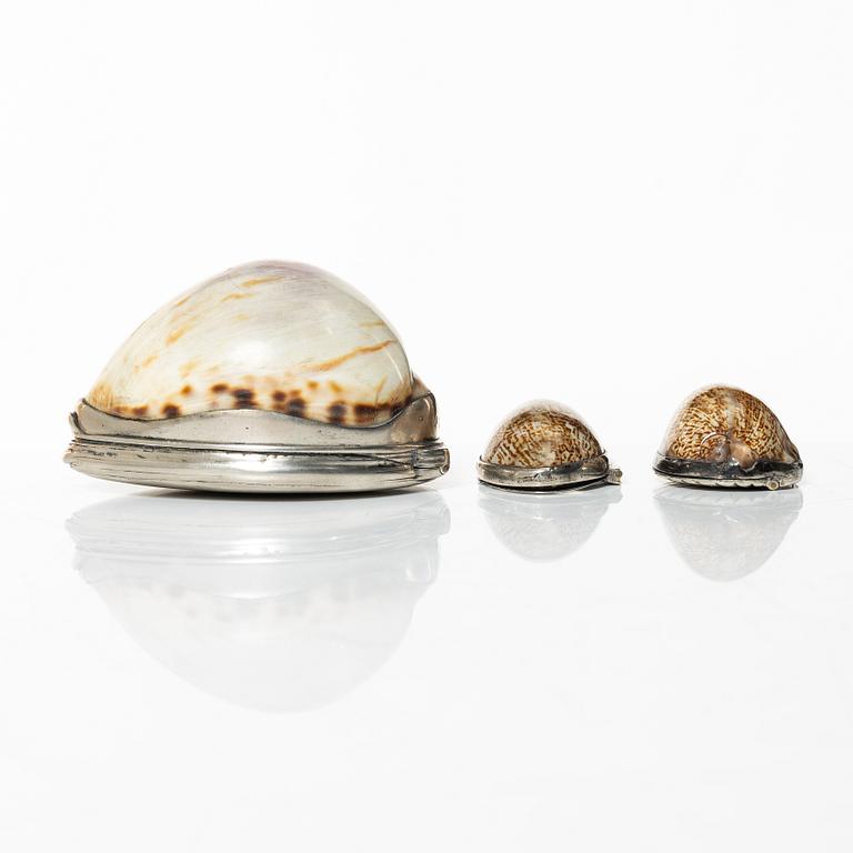 A set of three silver and seashell boxes, Sweden, 19th century.