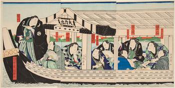 UTAGAWA KUNITERU (1808-1876), triptyk, färgträsnitt. Japan, 1864. Sumobrottaren 'Dairiki Maru'.