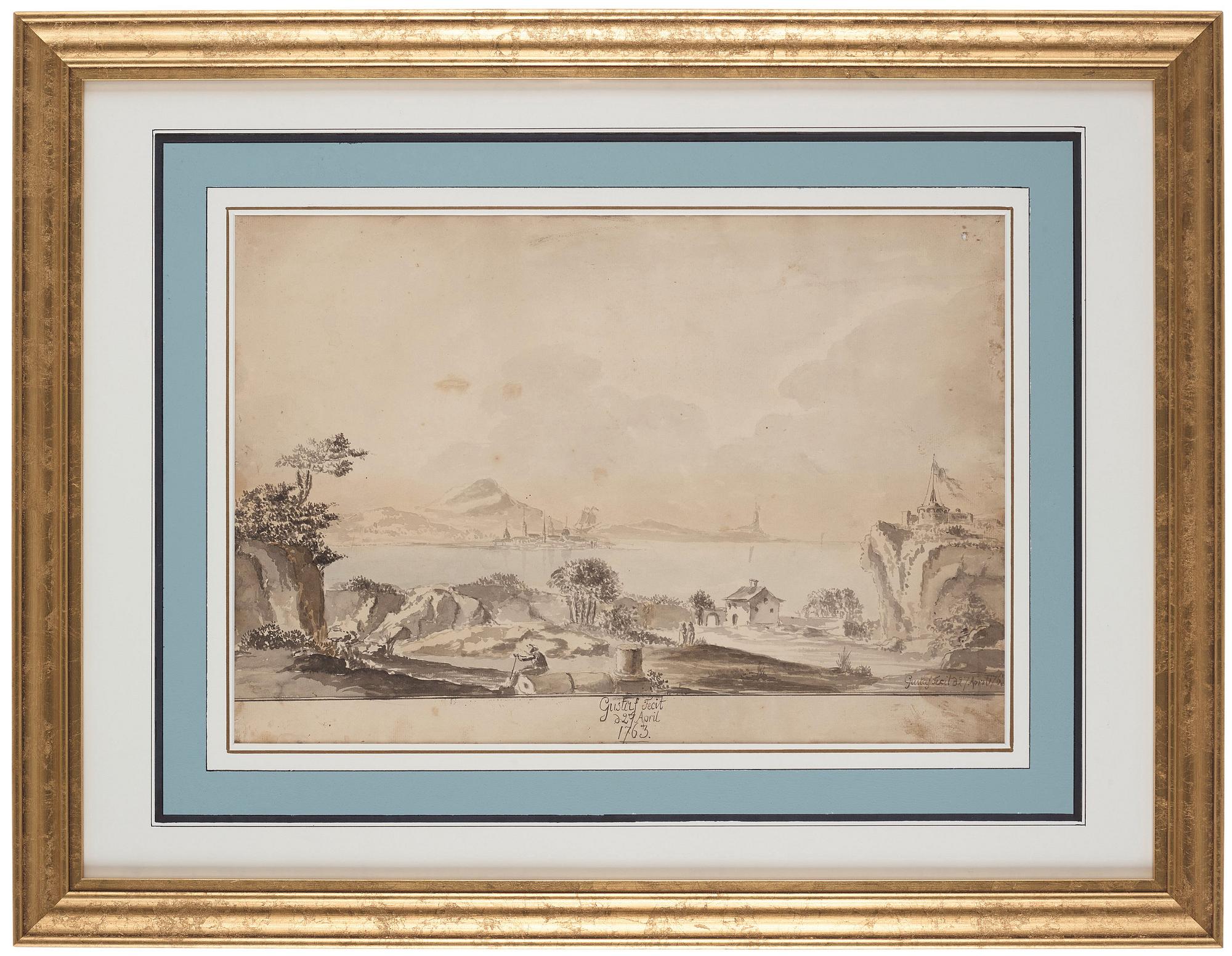Gustaf III, Coastal landscape with figures and town.