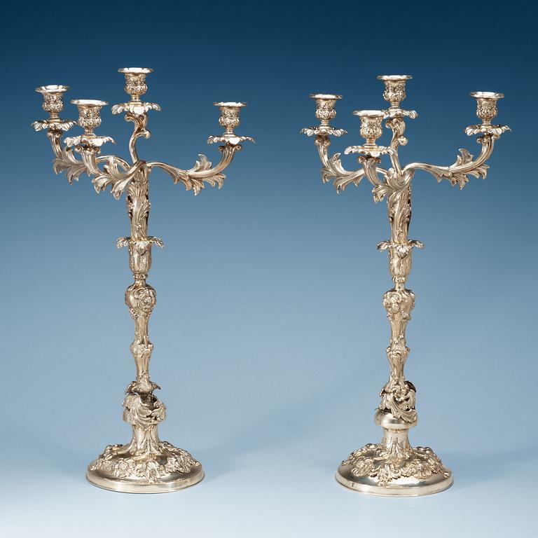 A pair of Swedish 19th century silver candelabra, makers mark of Christian Hammer, Stockholm 1852.