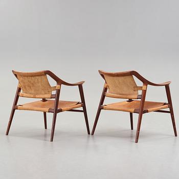 Adolf Relling & Sigurd Resell, a pair of teak and leather "56/2 Bambi-series armchairs, Norway 1950's-60's.