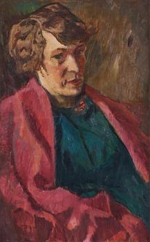 937. Helmer Osslund, Female portrait against a red background.