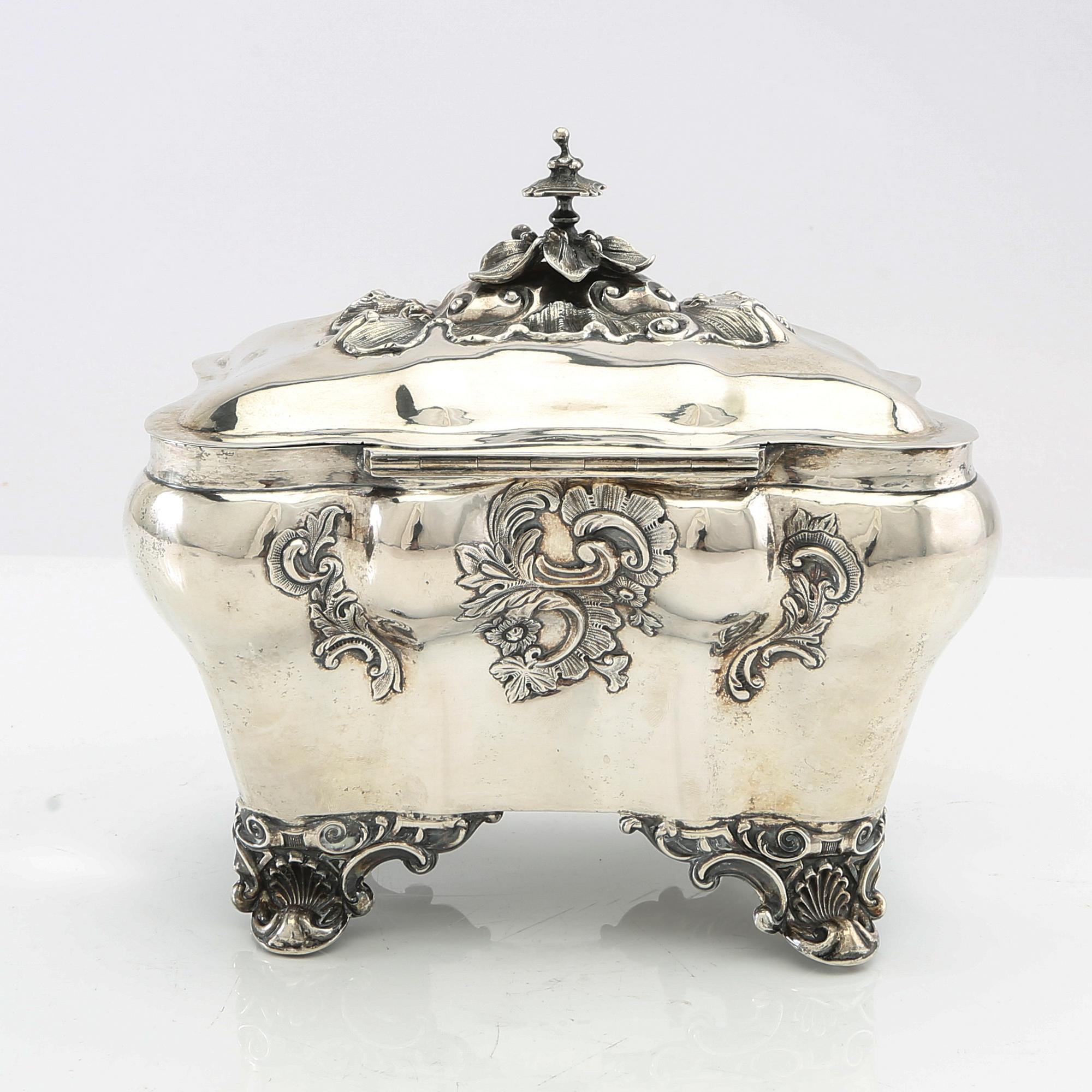 Christian Hammer sugar box with key, silver, Stockholm 1858, Neo-Rococo.