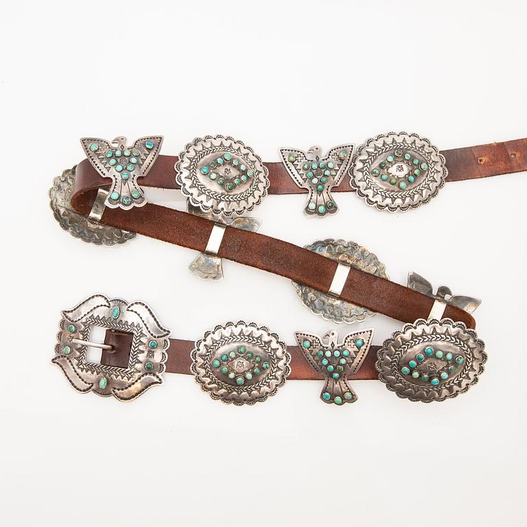 Belt with 12 buckles, silver with set turquoises.