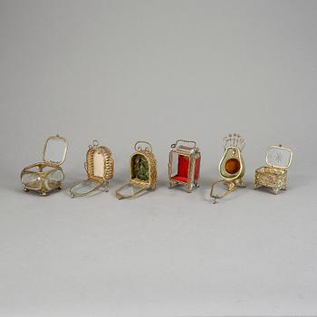 FICKURSSTÄLL, 6 st. mässing och glas. Omkring 1900.