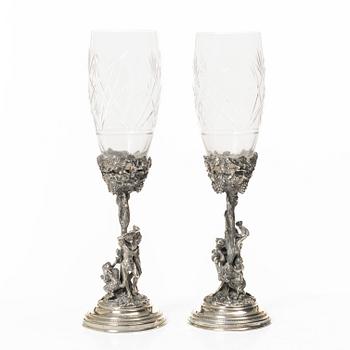 Champagne glasses, a pair, silver and glass, 20th century.