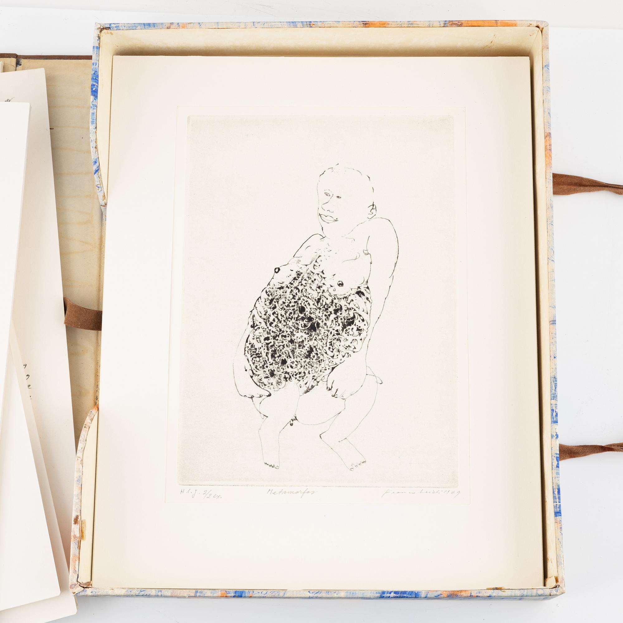 Franco Leidi, box with 35 copper plates/dry points, 1968-75.