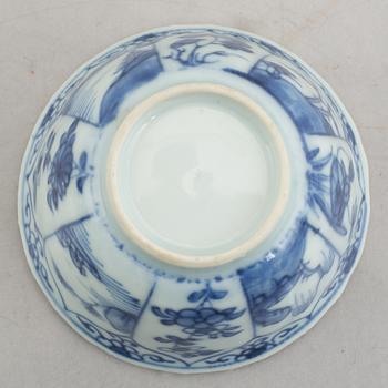 Three (a pair + one) blue and white cups with saucers, China, Kangxi (1662-1722).