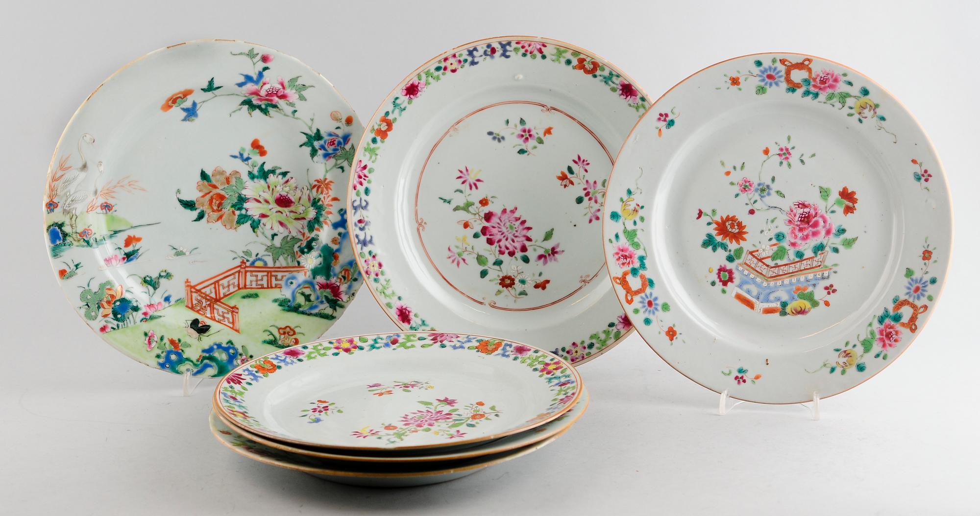 TALLRIKAR, 6 st, porslin, Kina, famille rose, 1700-tal.