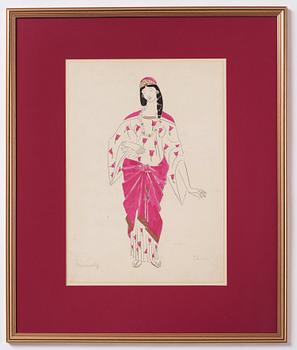 Isaac Grünewald, Costume sketch - woman in a dress with rose pattern.