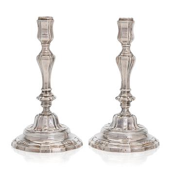 A pair of 18th-Centuty French silver candlesticks, maker's mark of Jean-Joseph Falguière (active in Dinan 1744-1773).