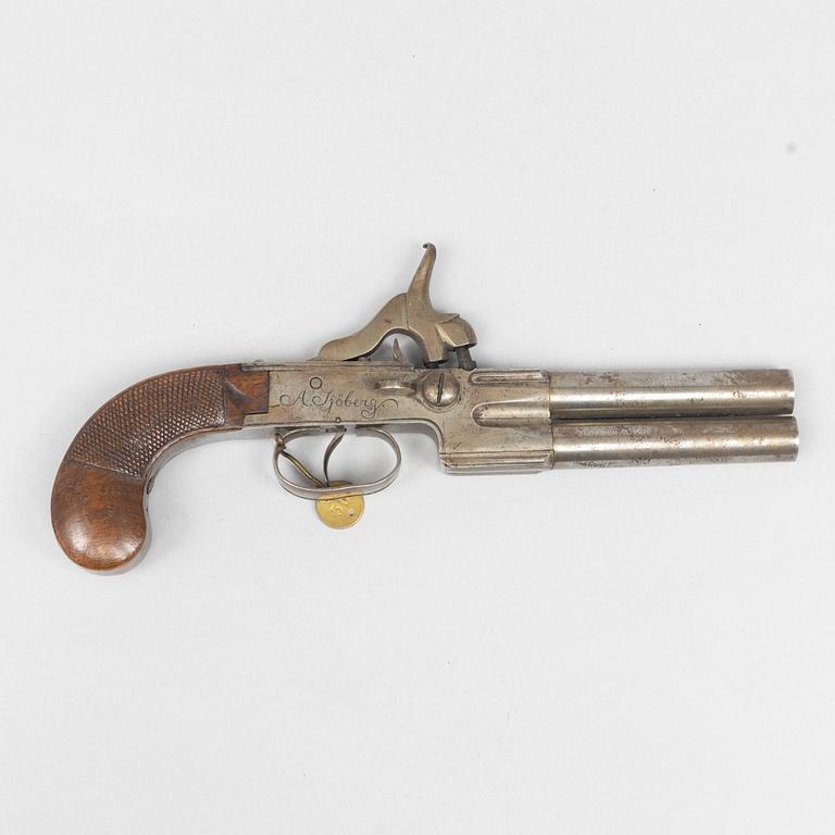 Percussion pistol, double-barrelled, signed A Sjöberg, Linköping, (Axel S. active 1766-1834).