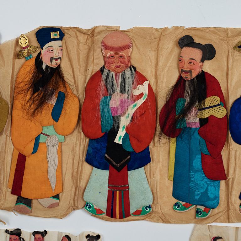 A collection of four sets of paper and silk dolls of Shoulao and the eight immortals, presumably Republic (1912-1949).