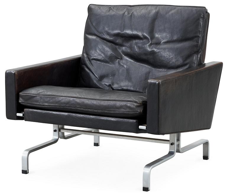 A Poul Kjaerholm 'pk-31' black leather easy chair for E Kold Christensen, Denmark, maker's mark in the steel.