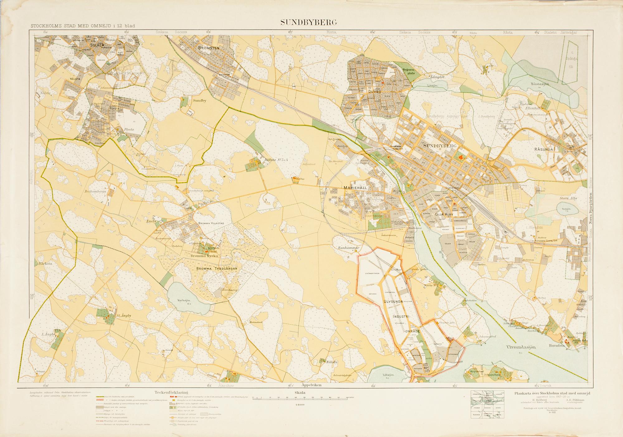 KARTOR, 12 st, fotolitografier, "Stockholms stad med omnejd", H. Hellberg  & A.E. Påhlman. Upprättad åren 1917-1924.