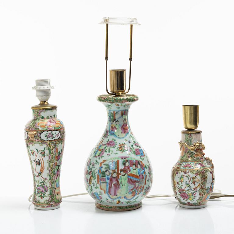 Bordslampor, 3 st, porslin, Kanton, Kina, Qingdynastin, 1800-tal.