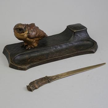 A three piece bronze writing set, circa 1900.