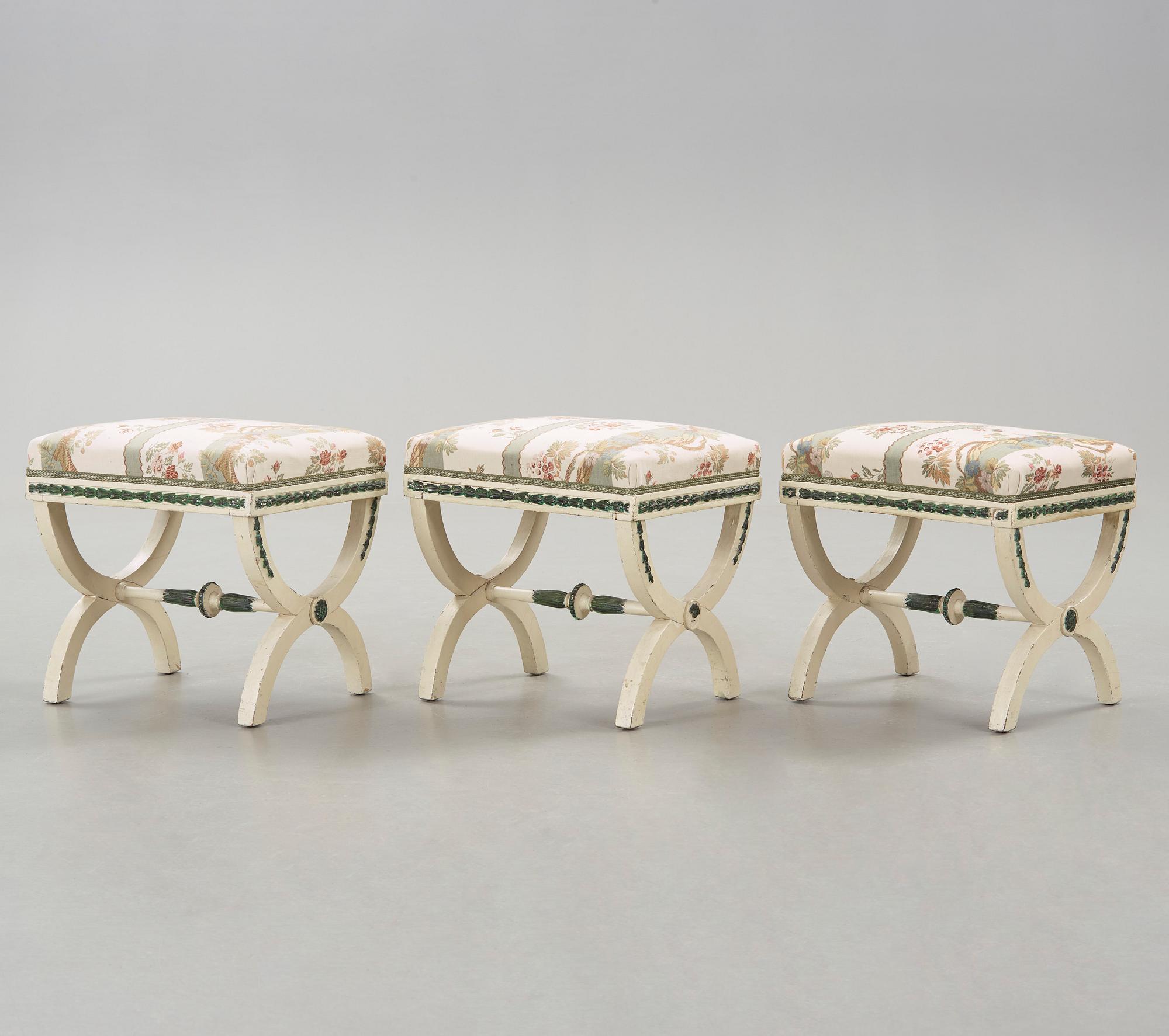 Three painted late gustavian stools c. year 1800.