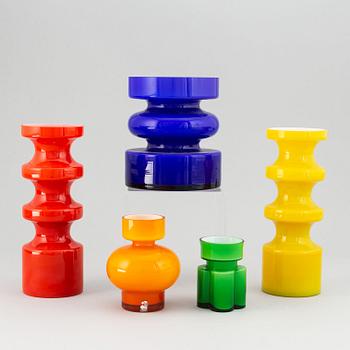 PO Ström, five glass vases from Alsterfors glasbruk, ca 1970.