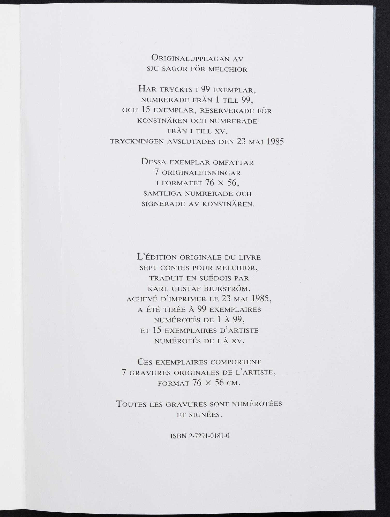 Bengt Lindström, "Sept Contes por Melchior" / "Sju sagor för Melchior".