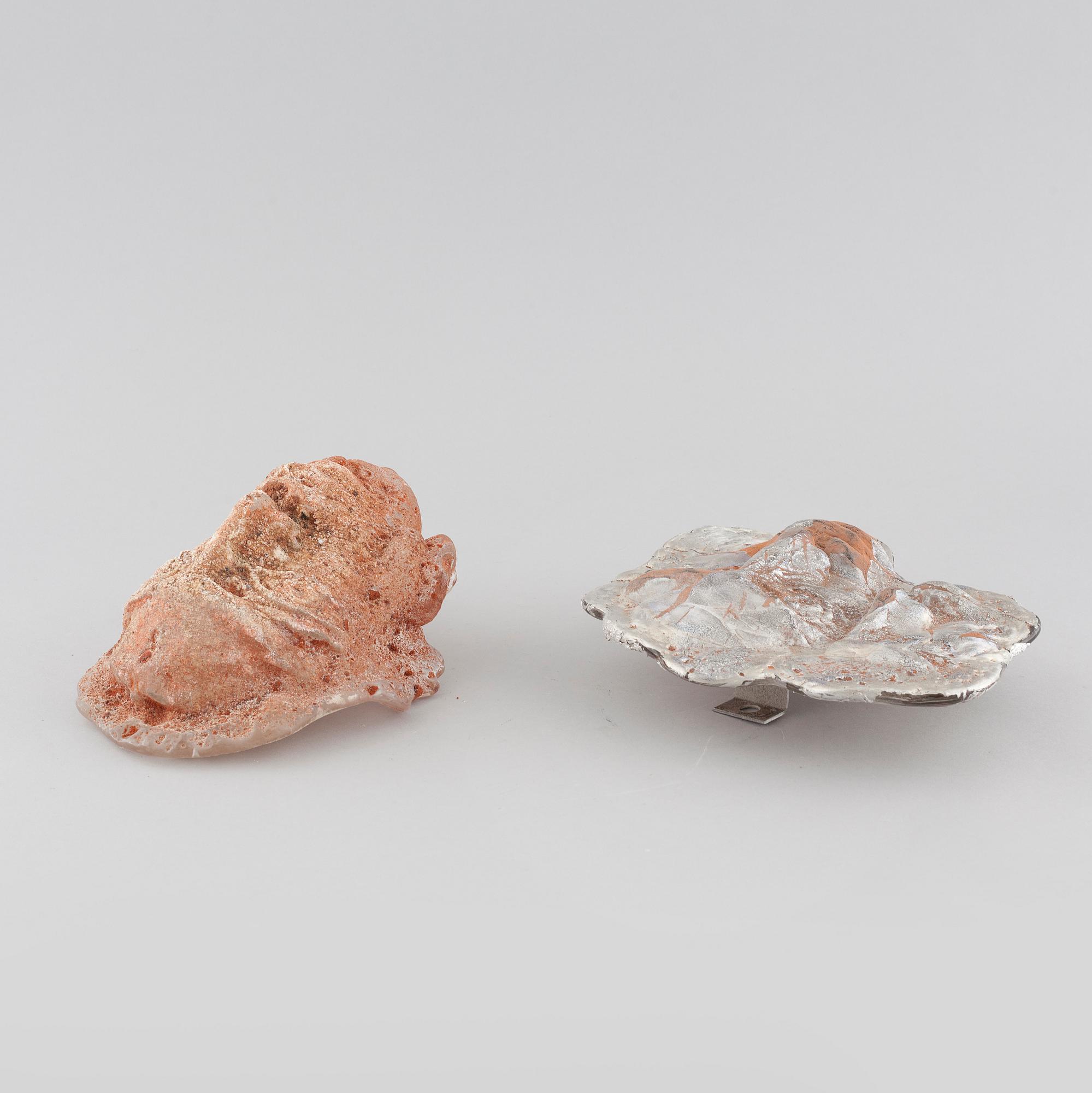 two glass objects, signed.