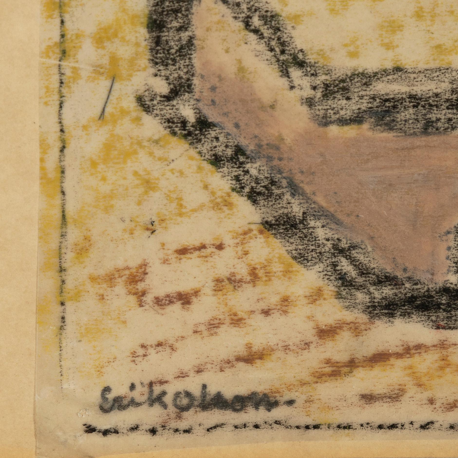 Erik Olson, mixed media on grease proof paper mounted on paper panel, signed.