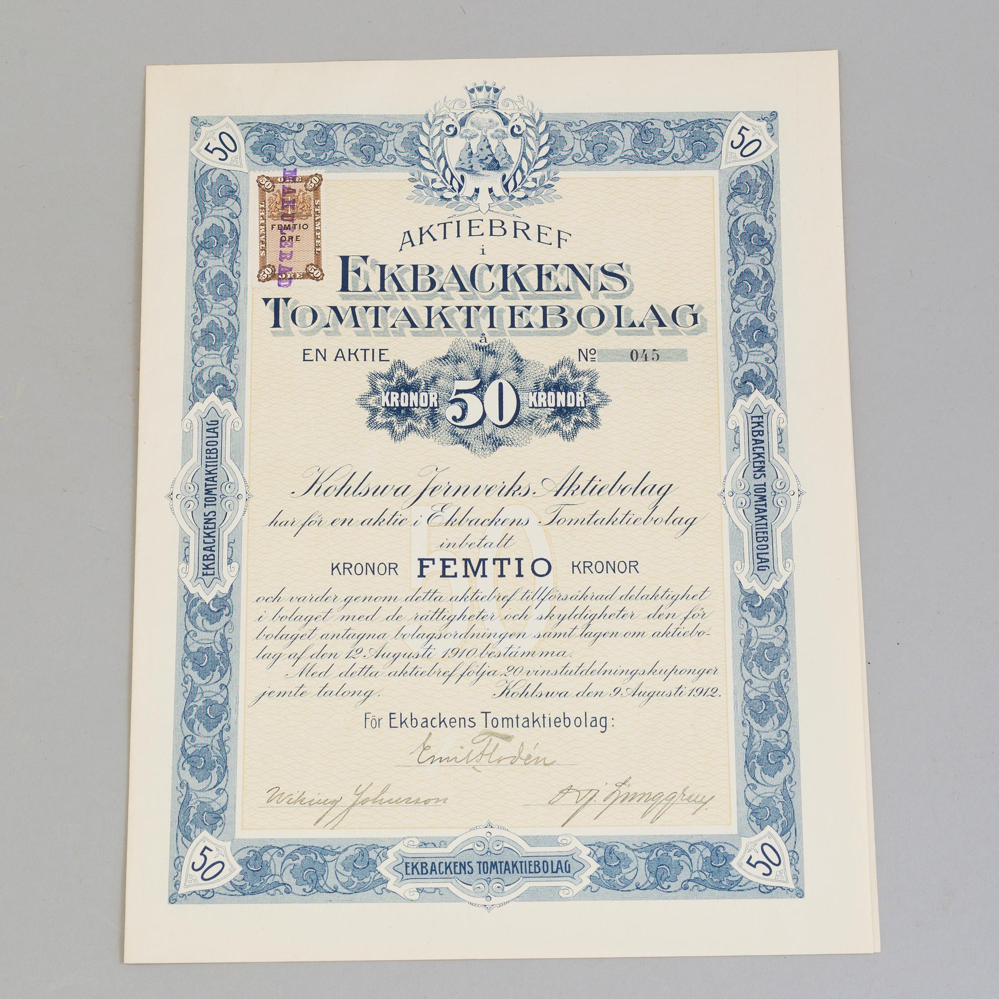 AKTIEBREV, sju stycken, Ekbackens Tomtaktiebolag, Kohlswa 1912.