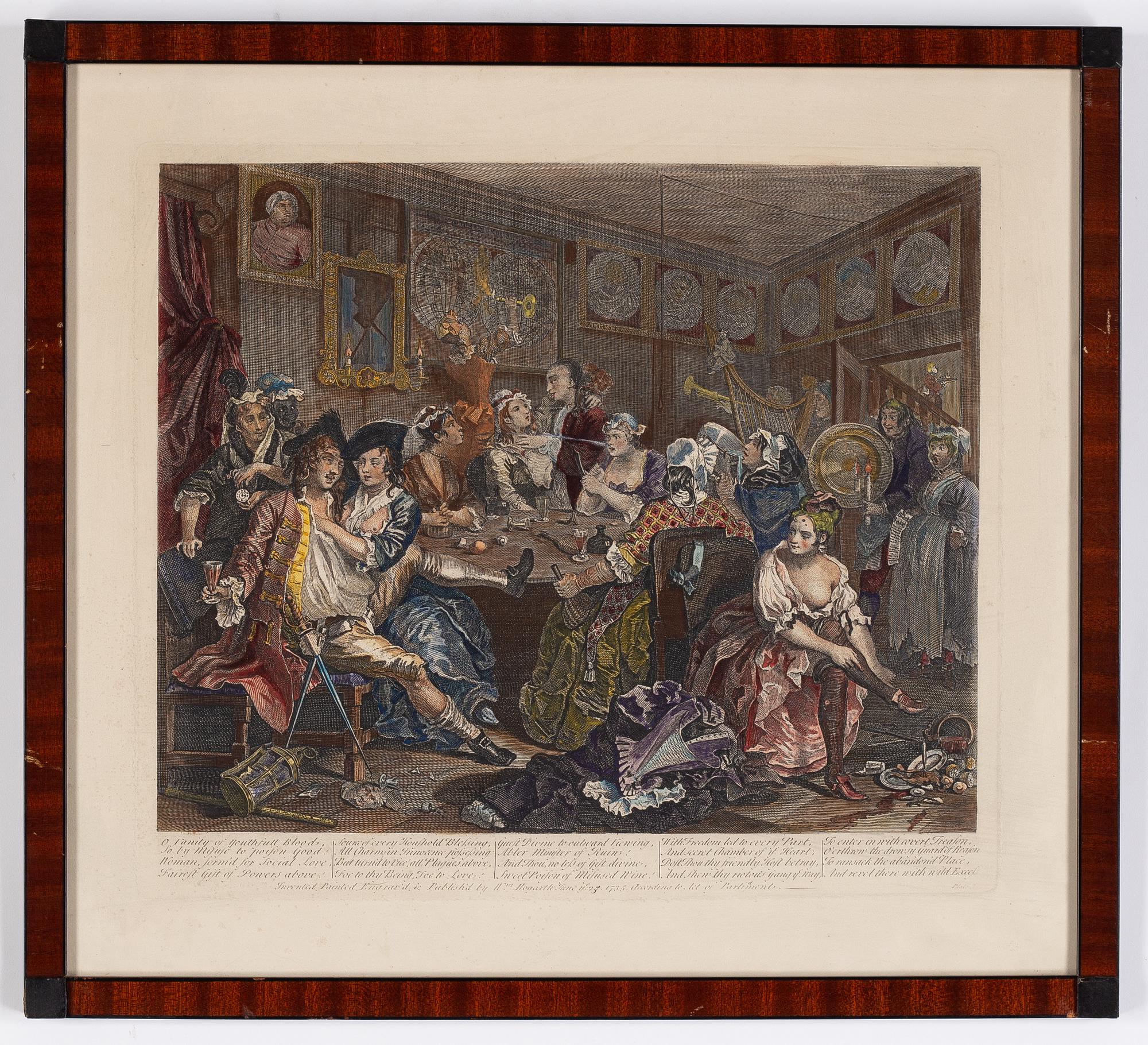 William Hogarth, efter, åtta stycken kolorerade etsningar och gravyrer.