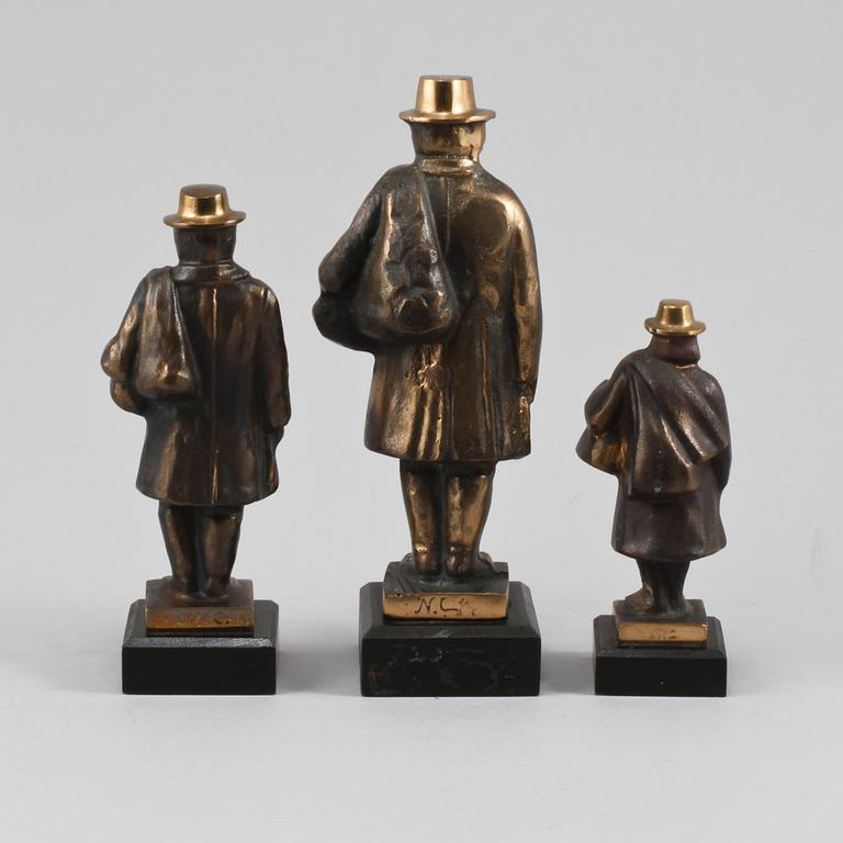 FIGURINER, 3 st, patinerad metall, Nils Castegren, Borås Metallgjuteri, efter 1948.