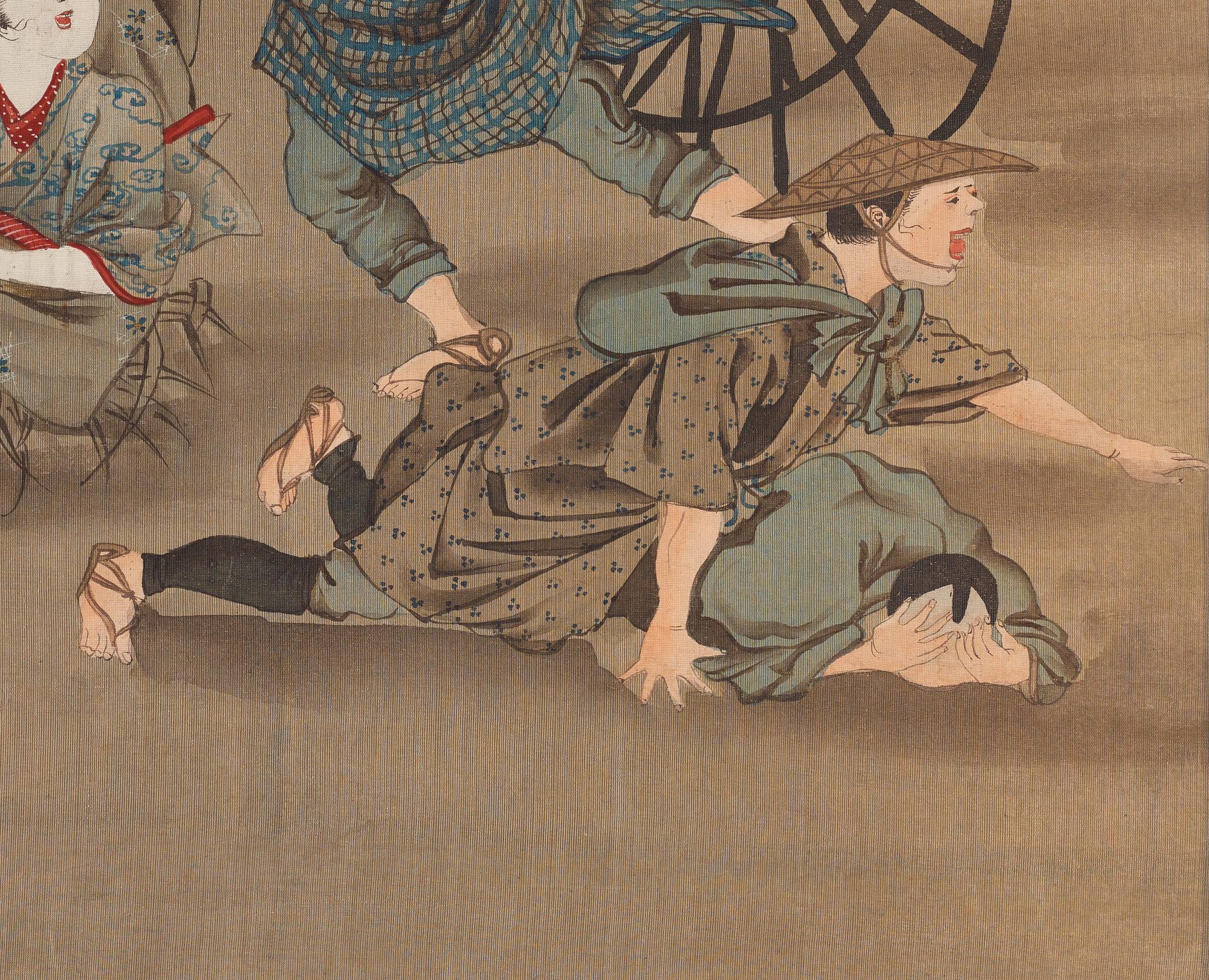 RULLMÅLNINGAR, sex stycken, tusch och färg på papper. Japan, Meiji (1868-1912).