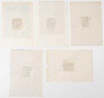 Fem träsnitt ur mapp utgiven av Tokyo Bijutsu Kankokai (Tokyo Art Publishing Association", tidigt 1900-tal.