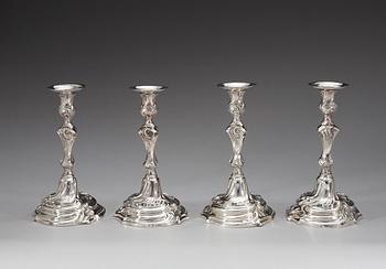 A set of four Swedish 18th century silver candlesticks, makers mark of Jonas Thomasson Ronander, Stockholm 1761.