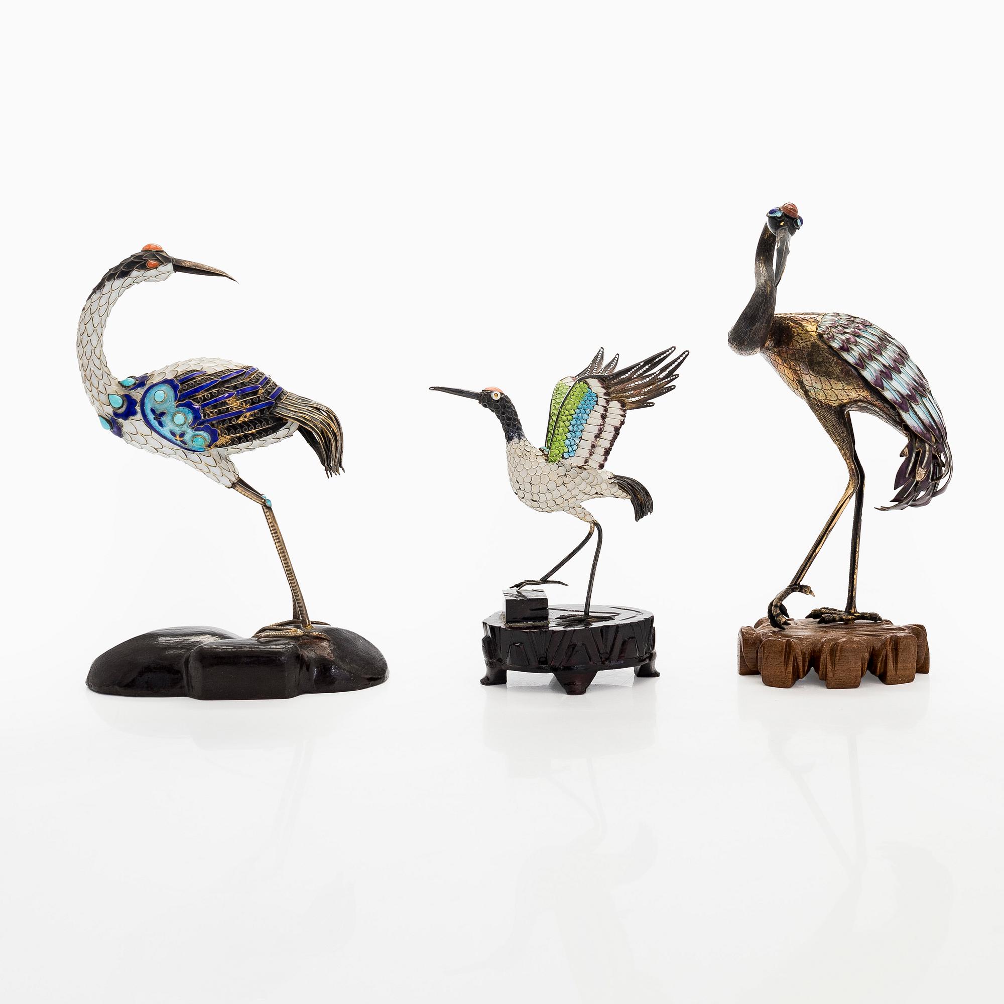 A set of three silver and cloisonné enamel figures of birds, first half of 20th Century.