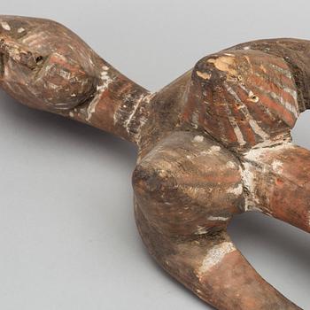 HEAD MASK W STANDING FEMALE FIGURE. BURKINA FASO.