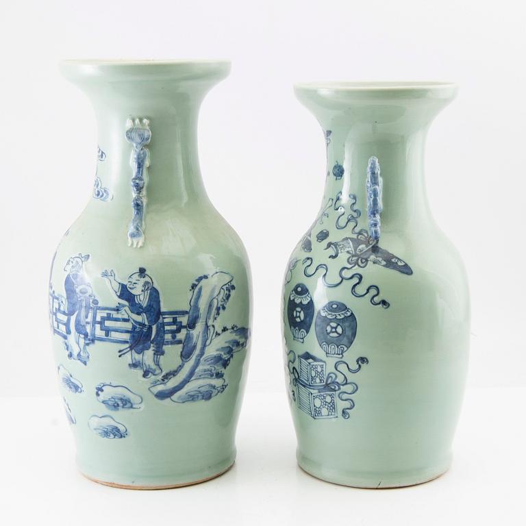 Two underglaze blue and celadon ground vases, late Qing dynasty and 20th century.