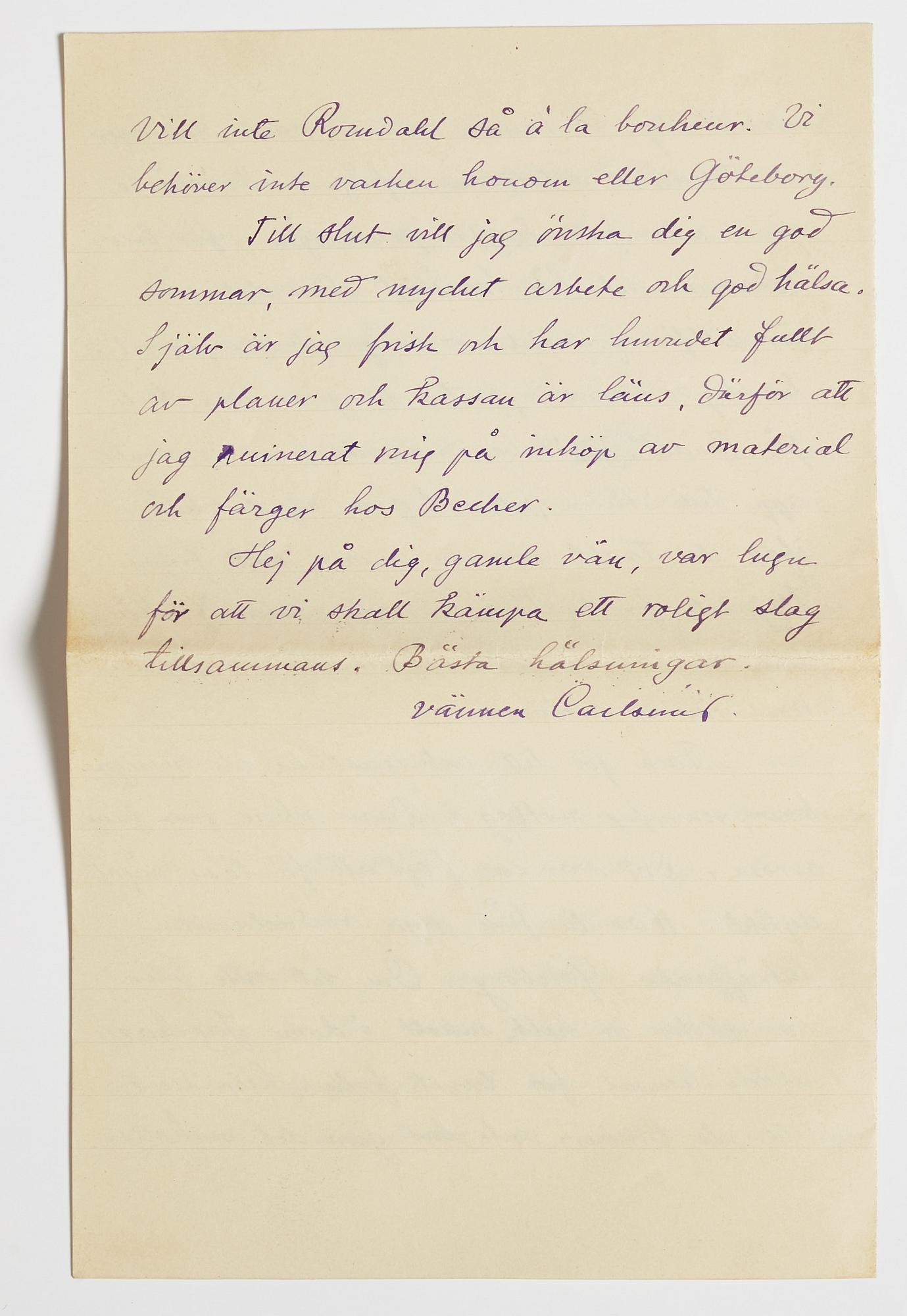 LETTER from Otto G. Carlsund to GAN (Gösta Adrian-Nilsson) in Lund, dated Stjärnhof 28.6.(19)28.