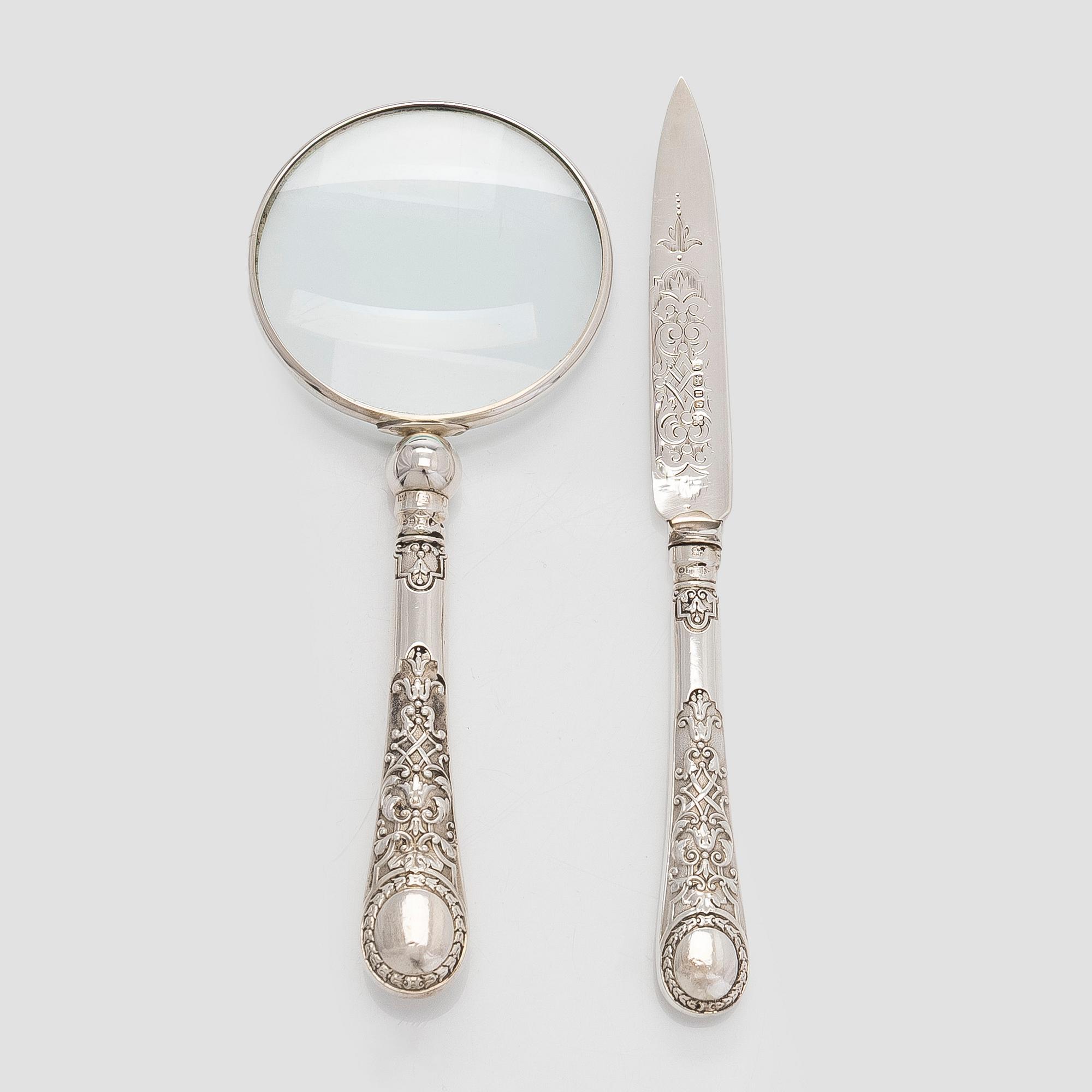 Förstoringsglas och brevkniv, silver, Martin, Hall & Co London 1875. I ask.