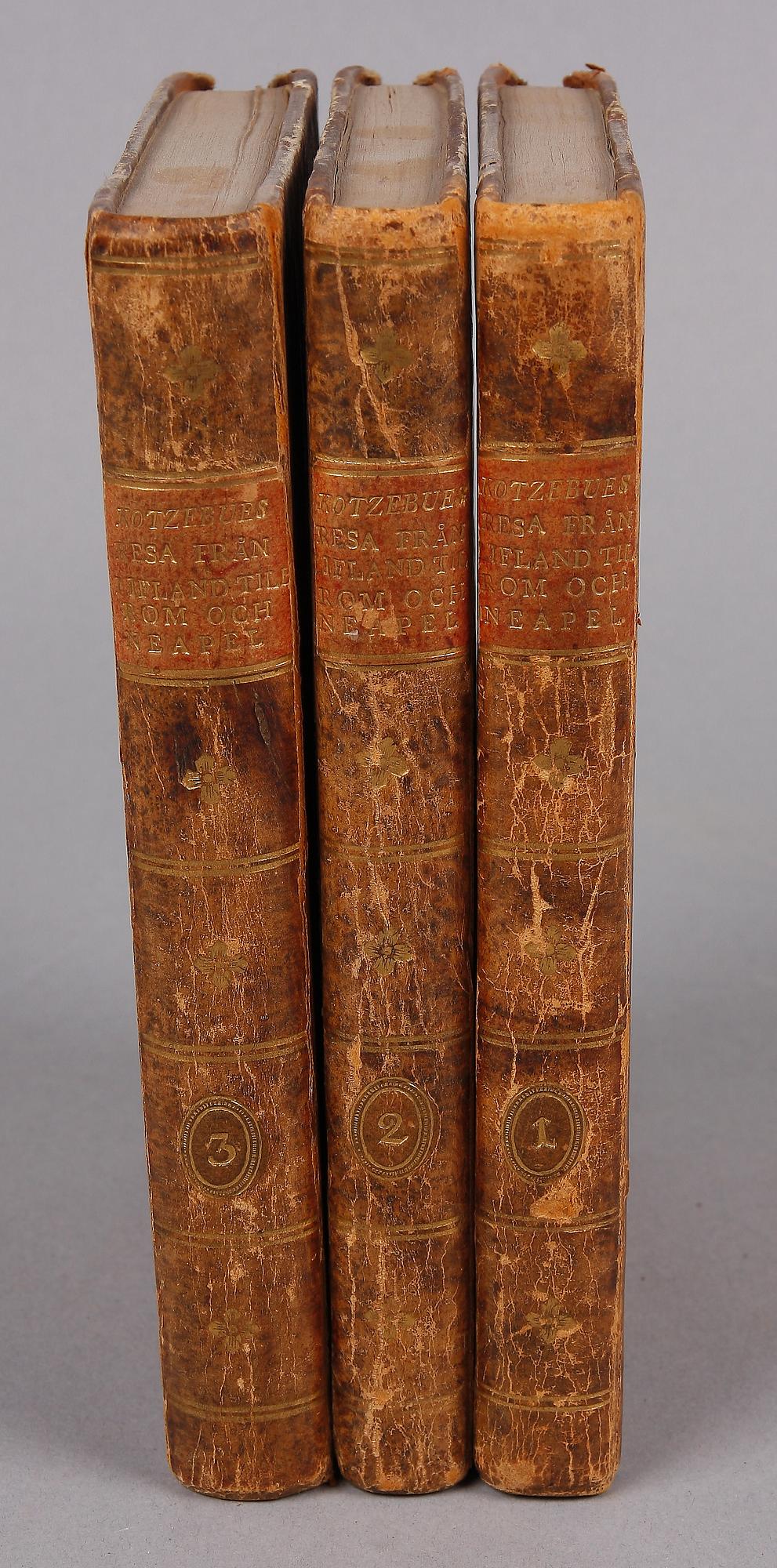 BOKVERK, vol I-III, "Resa från Lifland till Rom och Neapel" av August von Kotzebue, Stockholm 1805-06.