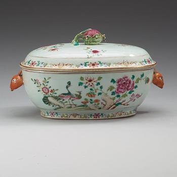 A large famille rose 'double peacock' tureen with cover and stand, Qing dynasty, Qianlong (1736-95).