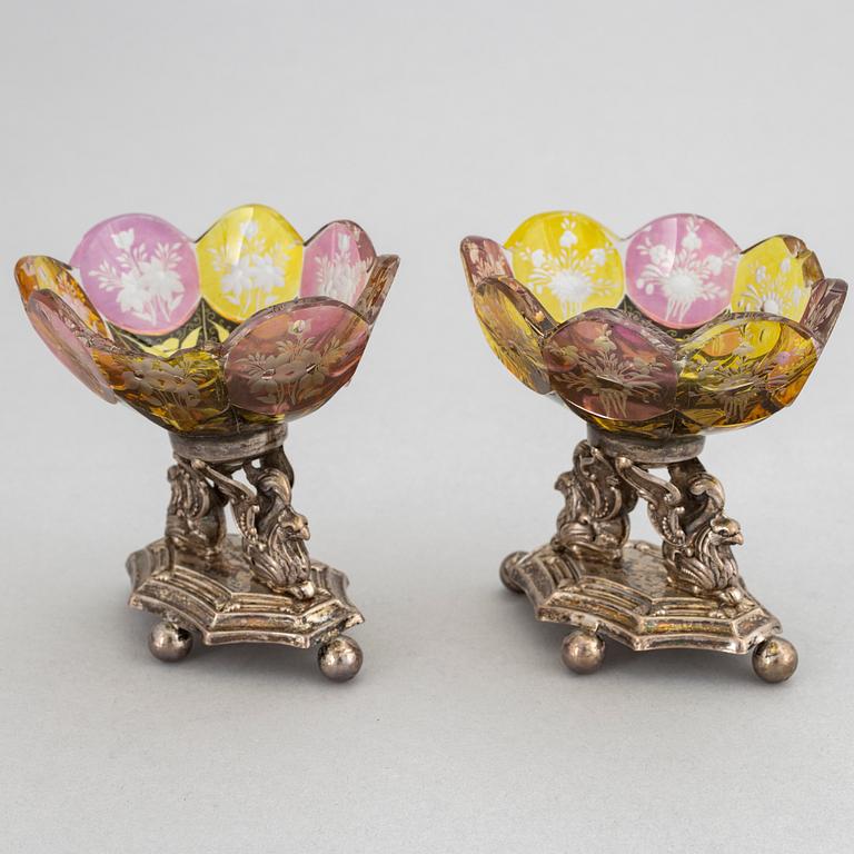 Carl Petter Norlin, a pair of silver and glass salt cellars, Malmö, 1840.