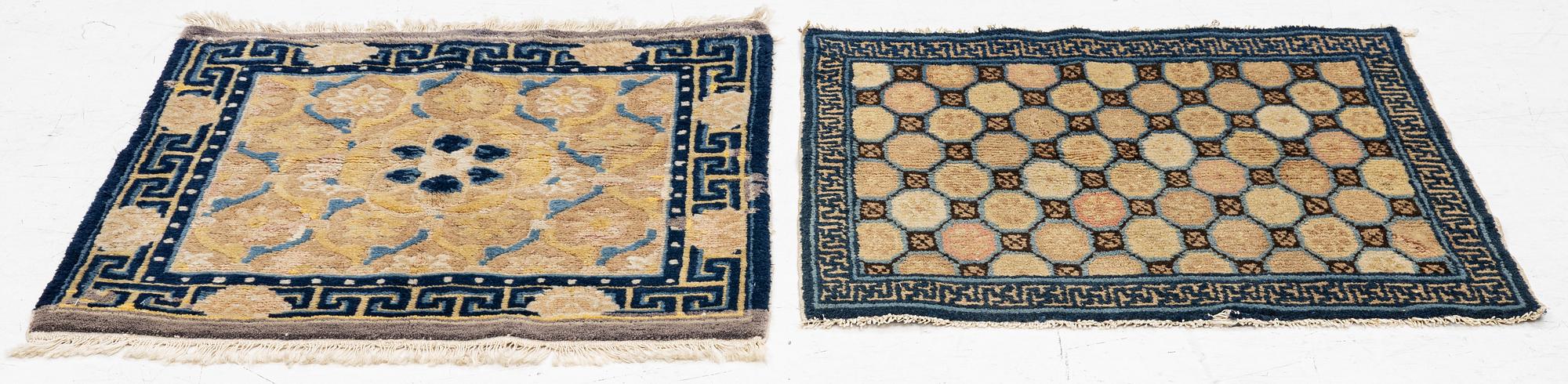 Two antique Ningxia meditation rugs, Qing dynasty, 19th century. c. 67 x 72 and 71 x 73 cm.