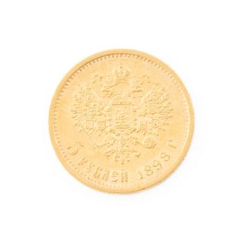 Gold coin, Nicholas II, Russia, 5 Rubles, 1898.